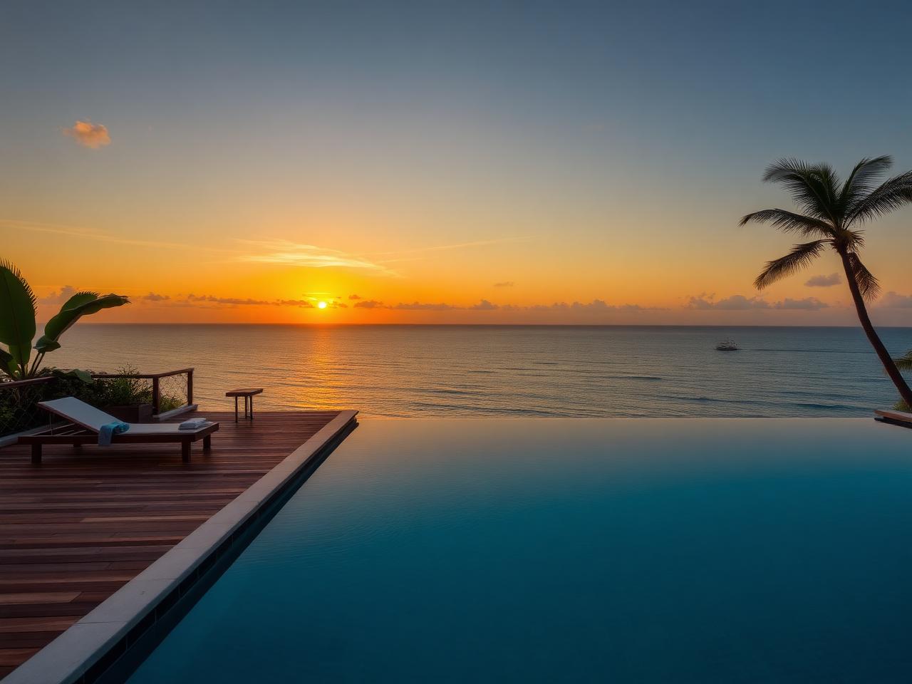 Piscina de borda infinita com vista para o pôr do sol
